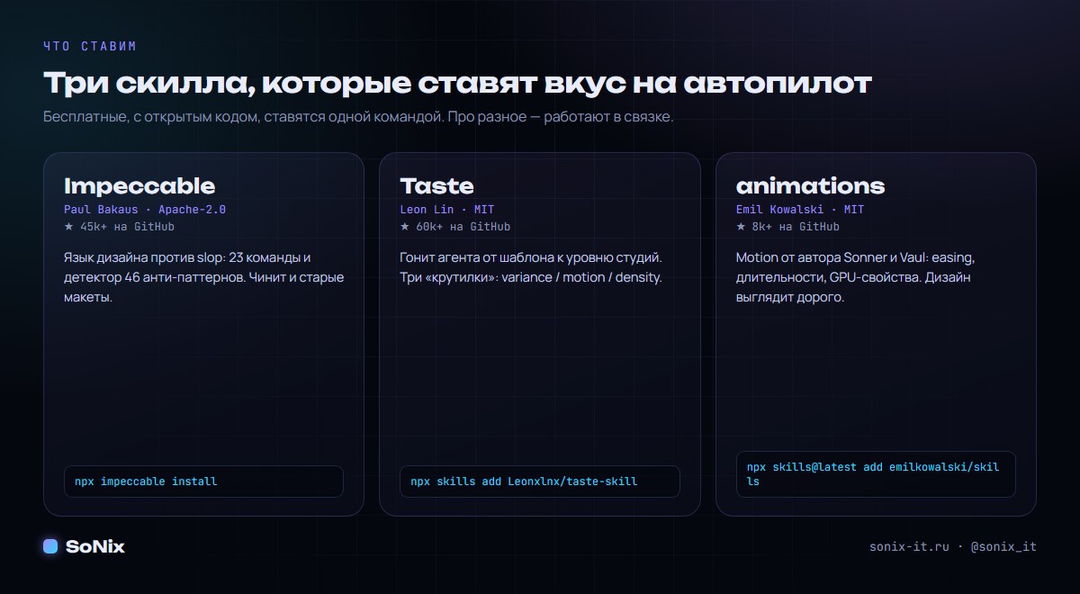 Три дизайн-скилла: Impeccable, Taste и emil-design-eng — кто, что и сколько звёзд